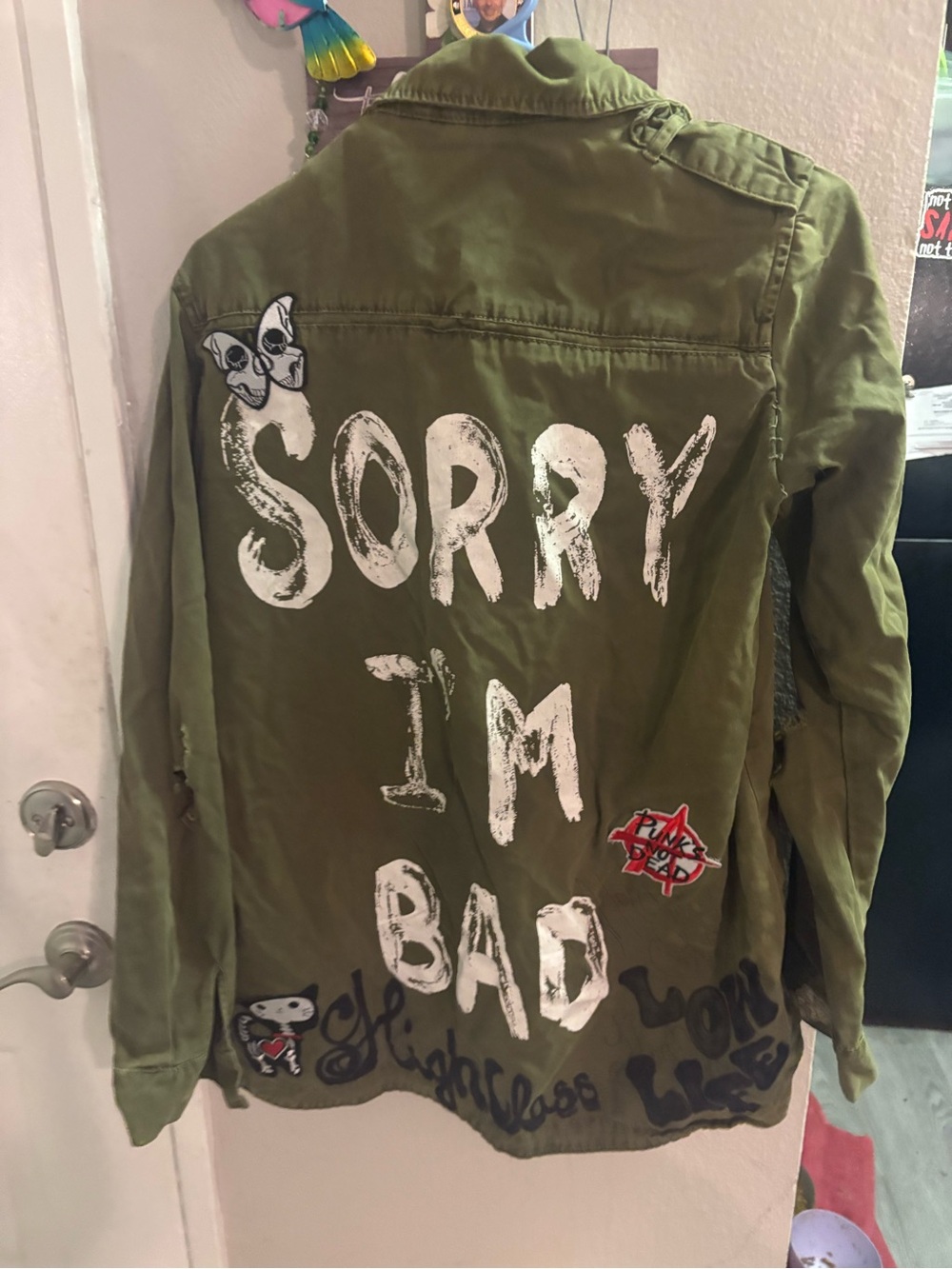 Olive Green Graphic Jacket - 'Sorry I'm Bad'